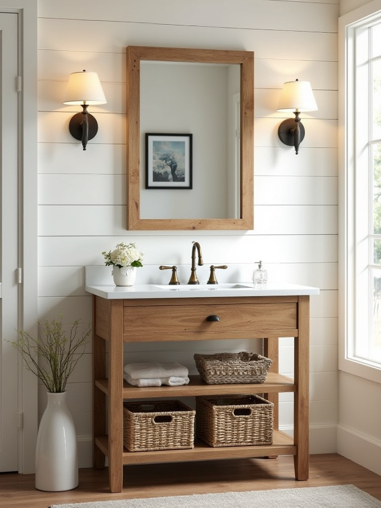 Portrait of a farmhouse vanity in a rustic bathroom with solid wood finish and distressed details