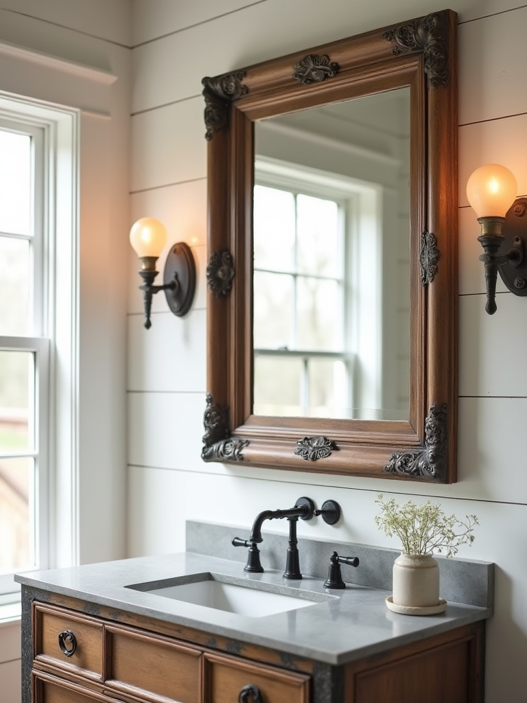 Statement mirror in a farmhouse bathroom above a rustic vanity