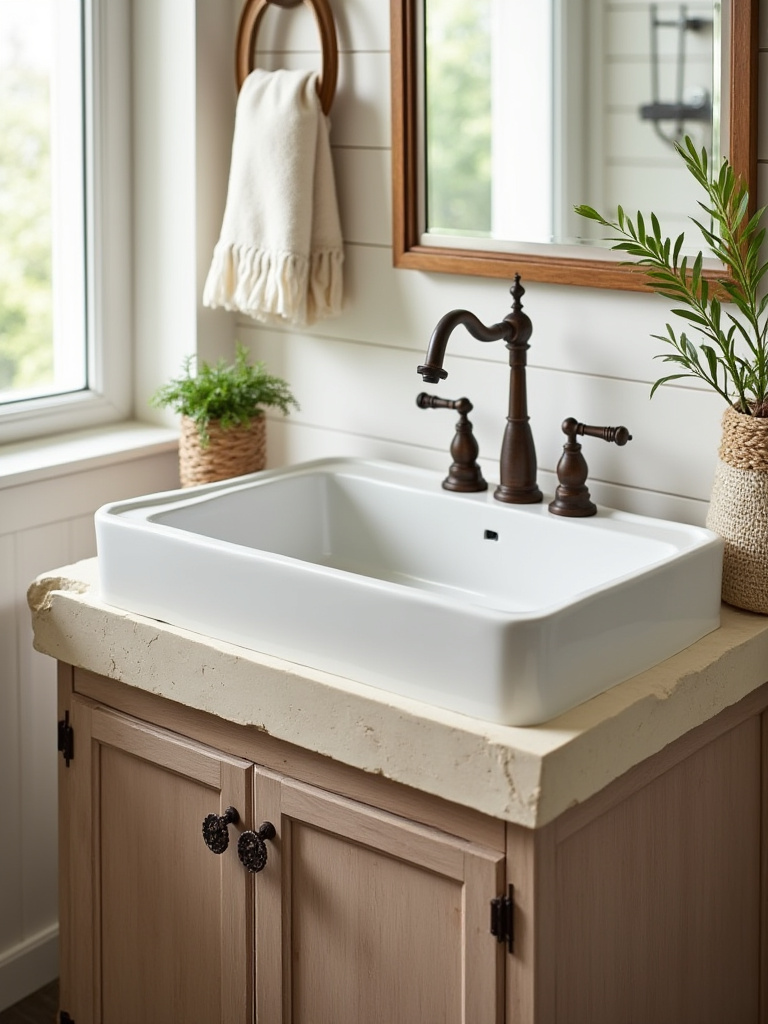 Portrait of a farmhouse bathroom vanity with an apron-front sink and rustic hardware