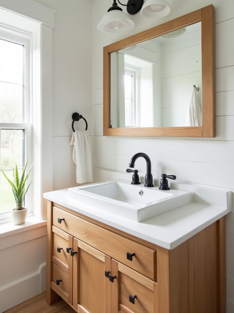 Matte black farmhouse bathroom faucet and hardware on a wood vanity.