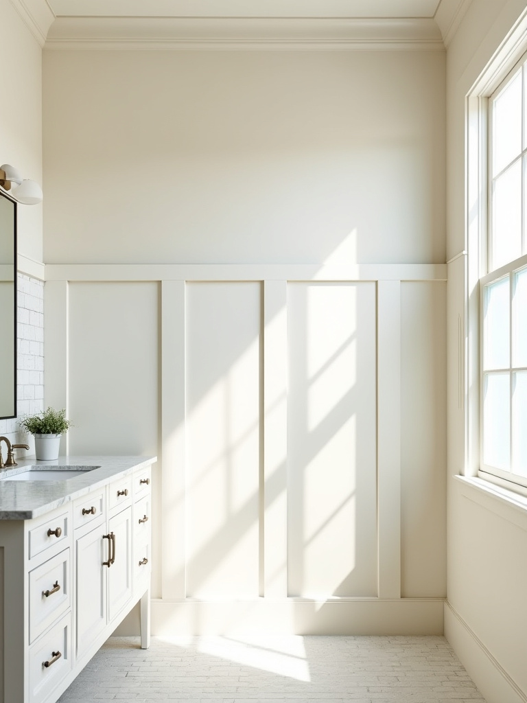 Portrait of farmhouse bathroom wall treatments featuring shiplap, board-and-batten, and subway tile textures