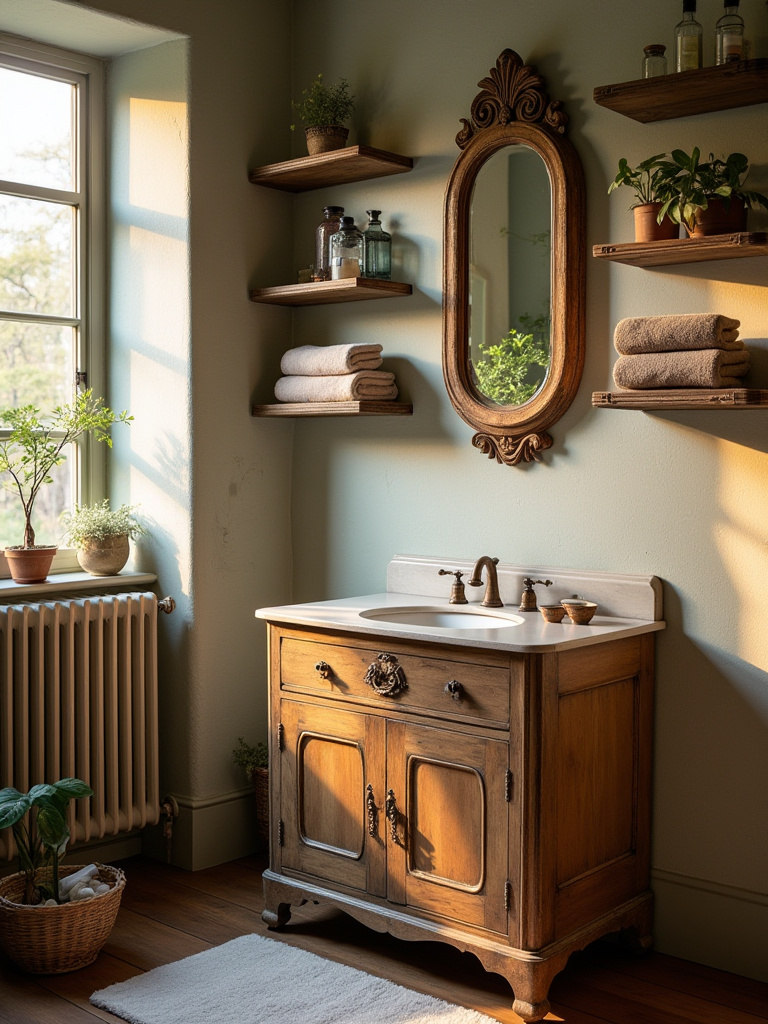 Vintage antiques, rustic crates, and heirloom pieces styled in a farmhouse bathroom vignette