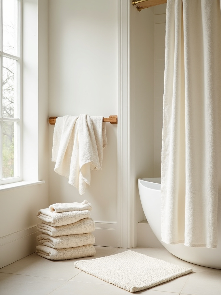 Vertical shot of farmhouse-inspired textiles in a bathroom with waffle-weave towels, linen and organic cotton pieces.