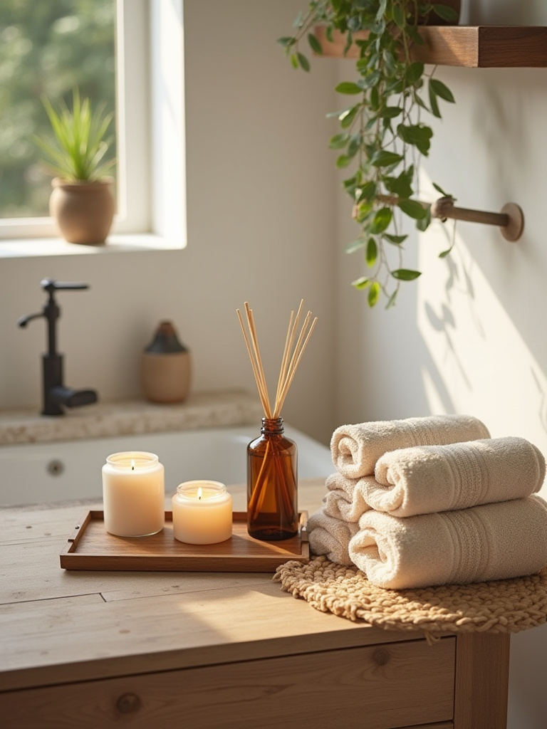 Portrait view of a farmhouse bathroom with candles, diffuser, and fluffy towels on a wood vanity