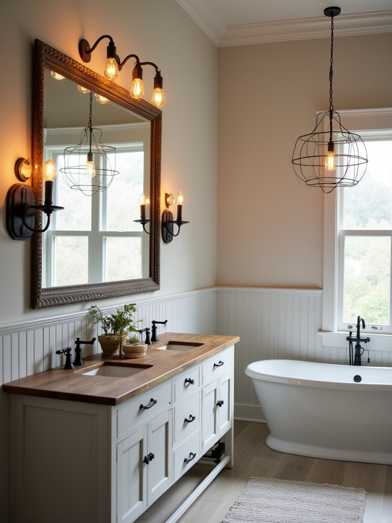 Beadboard farmhouse bathroom with Edison bulbs and barn sconces