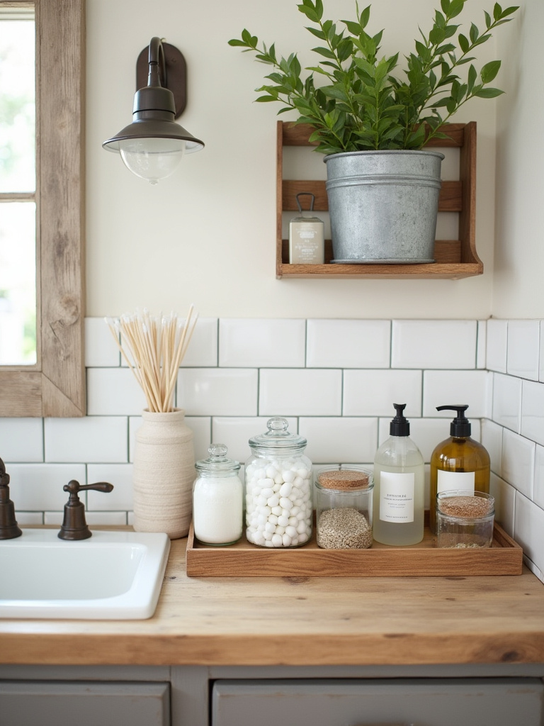 Vertical farmhouse bathroom vanity with apothecary jars, tiered tray, and wall-mounted caddies.