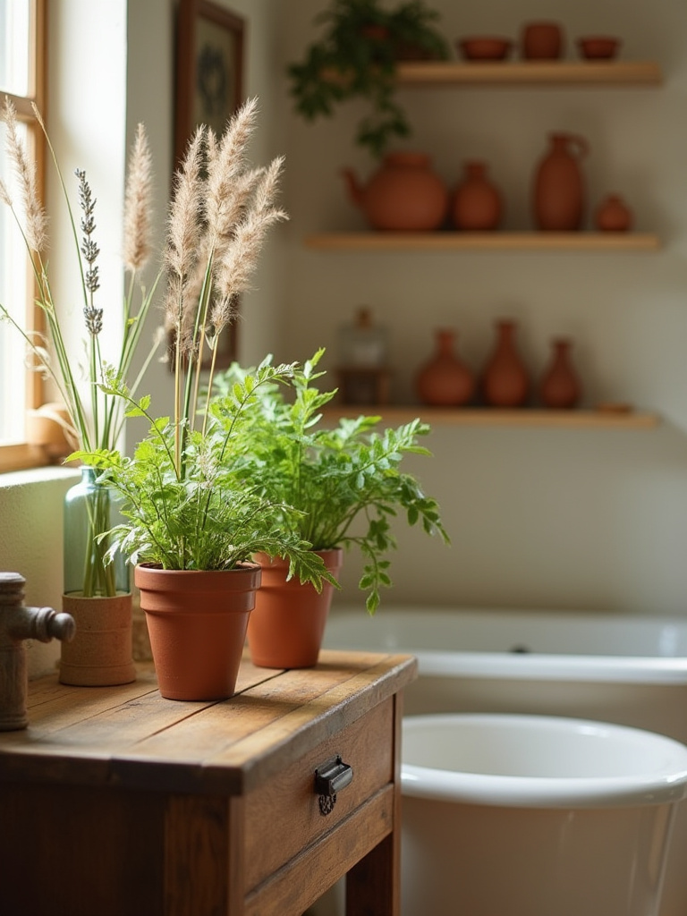 Portrait view of farmhouse bathroom with live plants, dried florals, and terracotta accents on vanity.