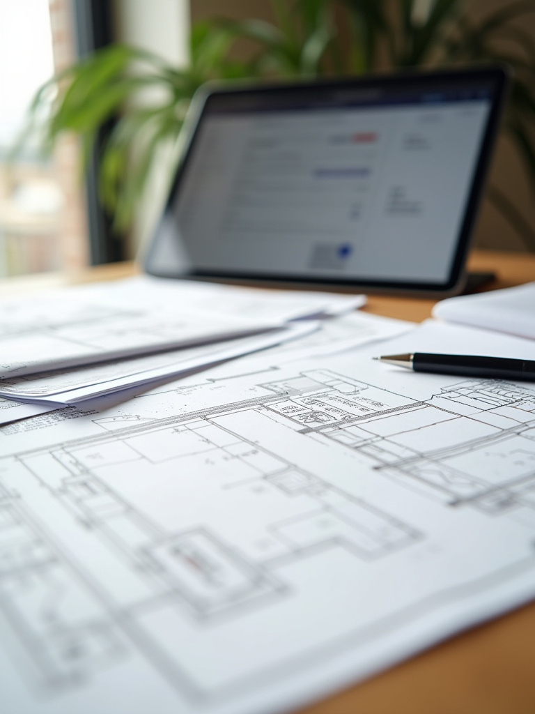 Workspace with building code documents, architectural blueprints, and permit applications for small bathroom renovation