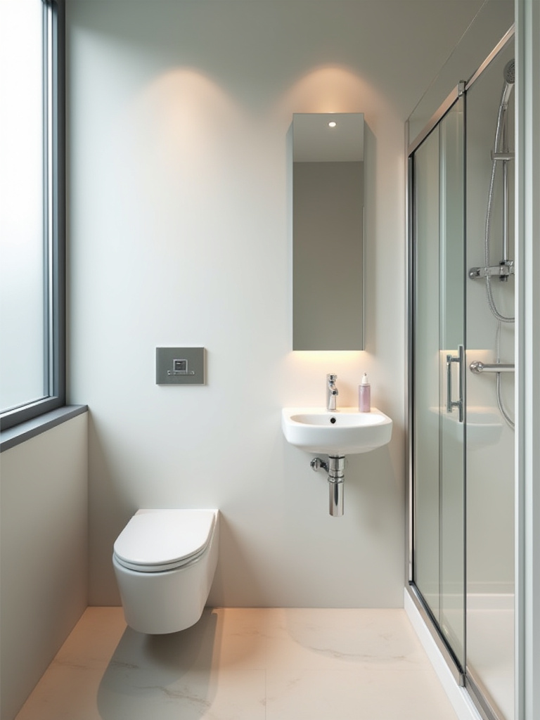 Compact small bathroom featuring wall-mounted toilet, corner sink, and sliding glass shower door emphasizing essential fixtures and space-saving design