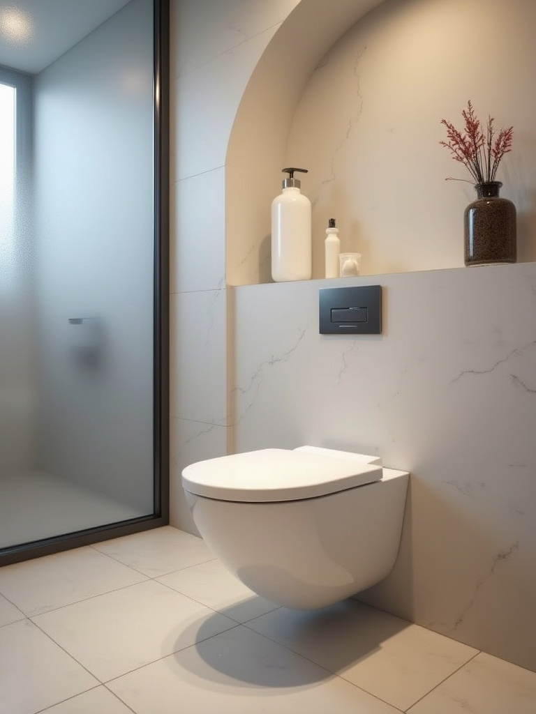Modern small bathroom with a sleek wall-mounted toilet creating visual lightness and easy cleaning