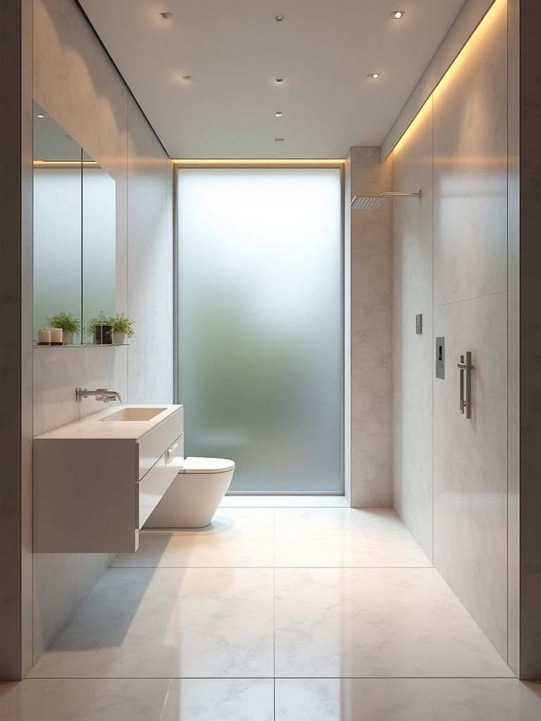 Modern small bathroom with a curbless shower and seamless wet room design featuring continuous flooring and linear drain