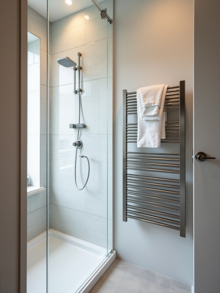 Slim, wall-mounted towel warmer installed in a modern small bathroom with clean design and ample floor space