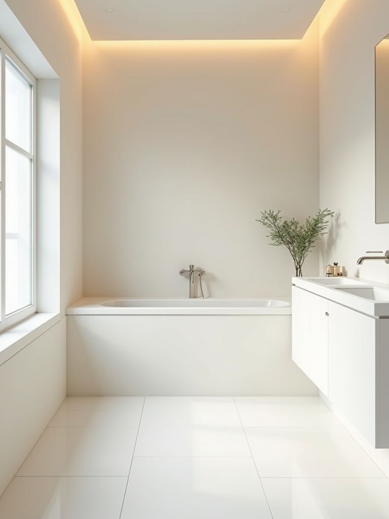 Bright small bathroom with light-colored paint and large-format glossy tiles enhancing spaciousness