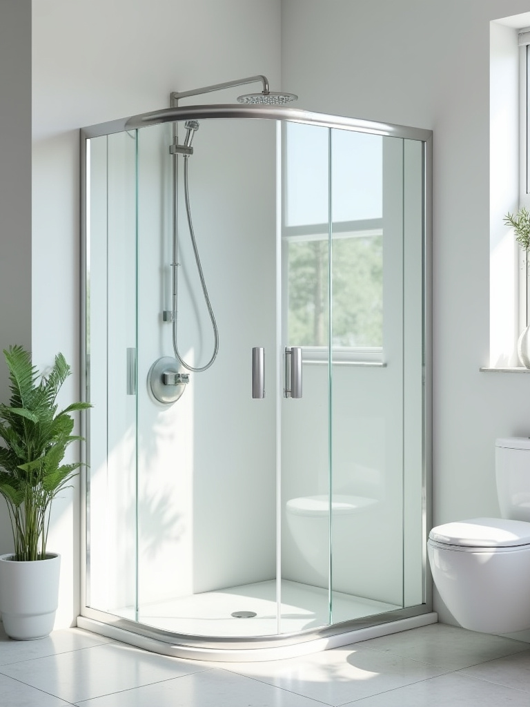 Modern small bathroom with transparent frameless glass shower enclosure creating an open and airy feel