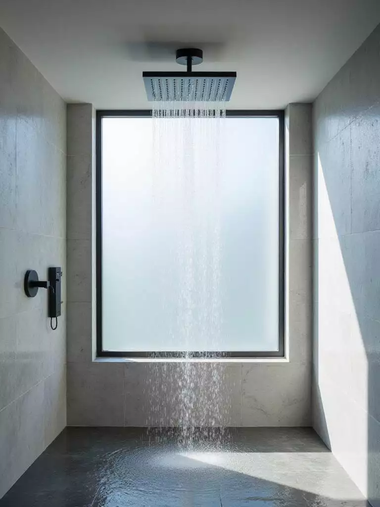 Modern bathroom shower featuring a rainfall shower head and stone tile.
