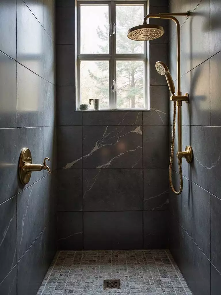 Bathroom shower with satin brass fixtures and dark grey marble tiles.