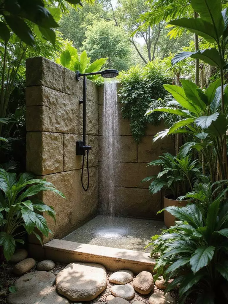 Outdoor shower surrounded by lush tropical garden with natural stone wall and rain showerhead.
