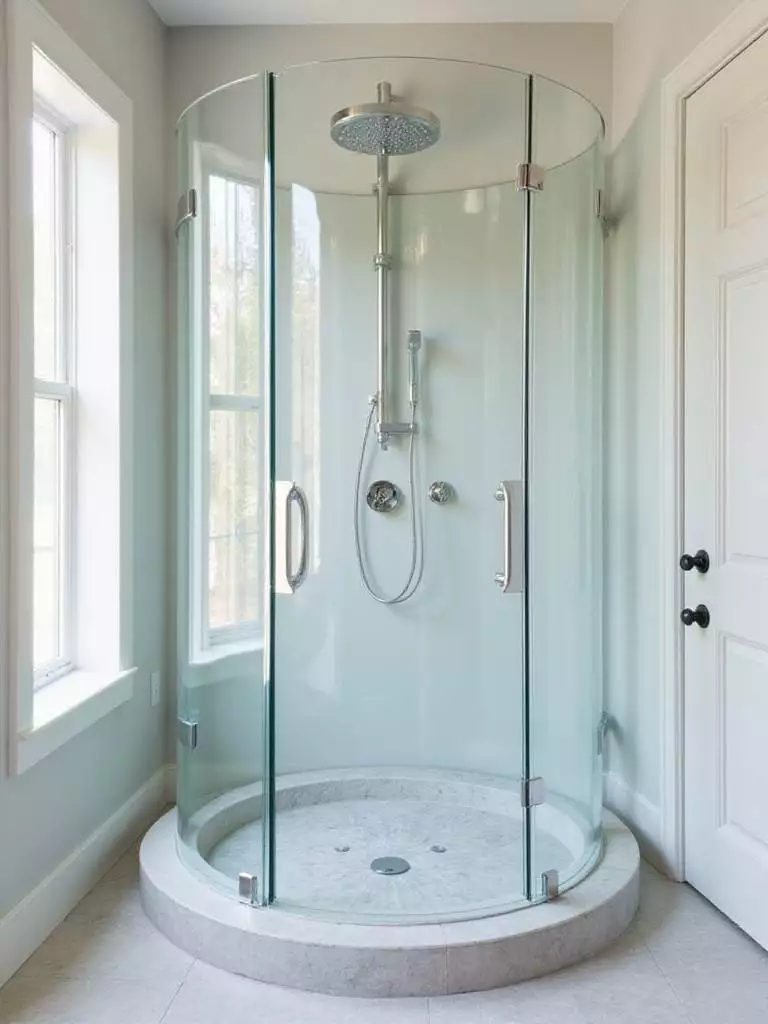 Modern bathroom featuring a luxurious round glass shower enclosure.