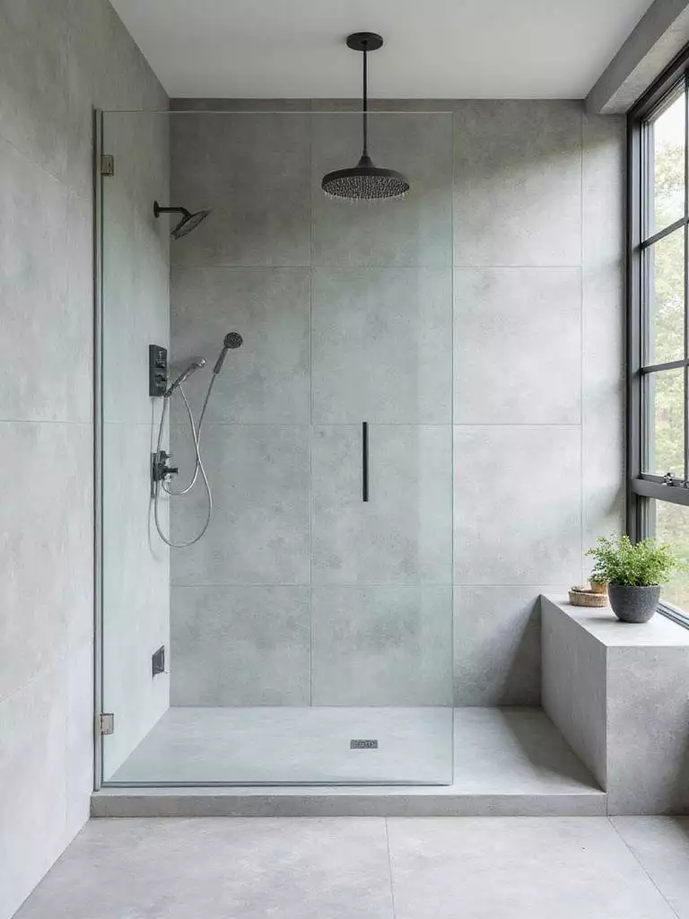 Modern bathroom with a square, frameless glass shower featuring large format tiles and a linear drain.