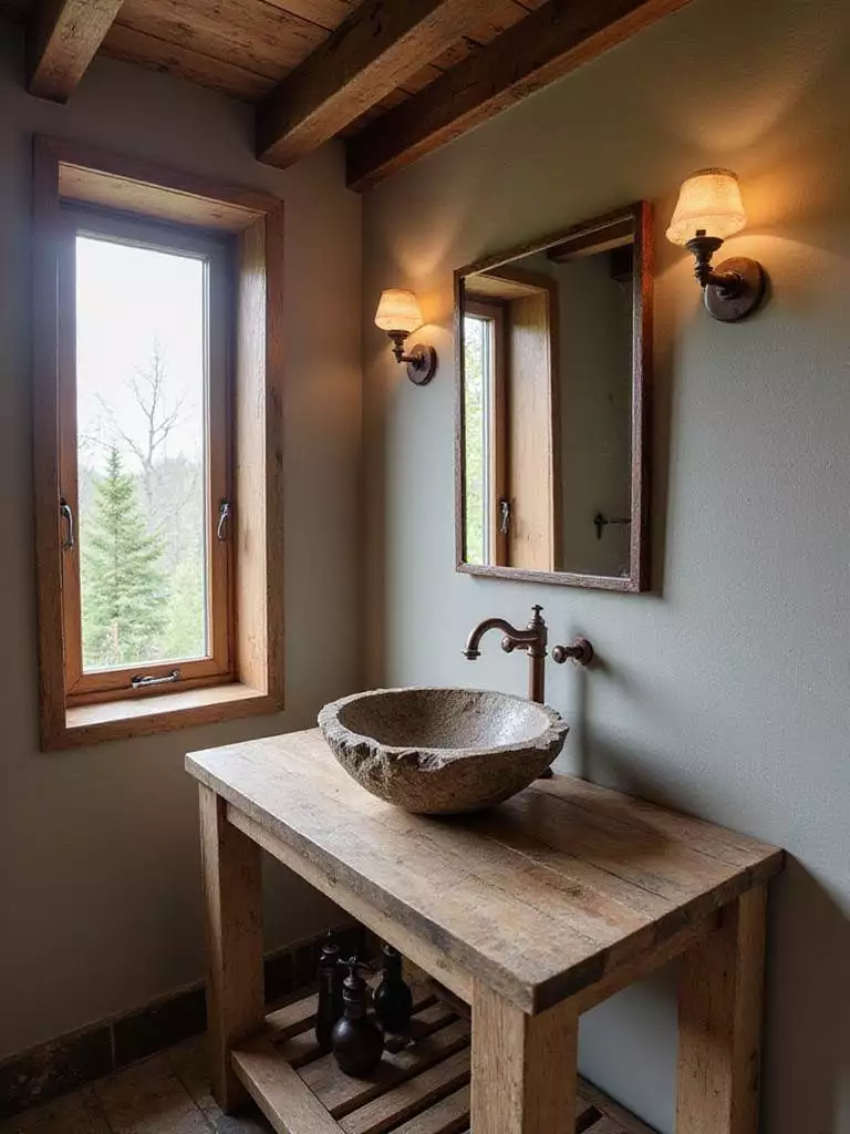 Rustic bathroom with natural river stone vessel sink on reclaimed wood vanity.