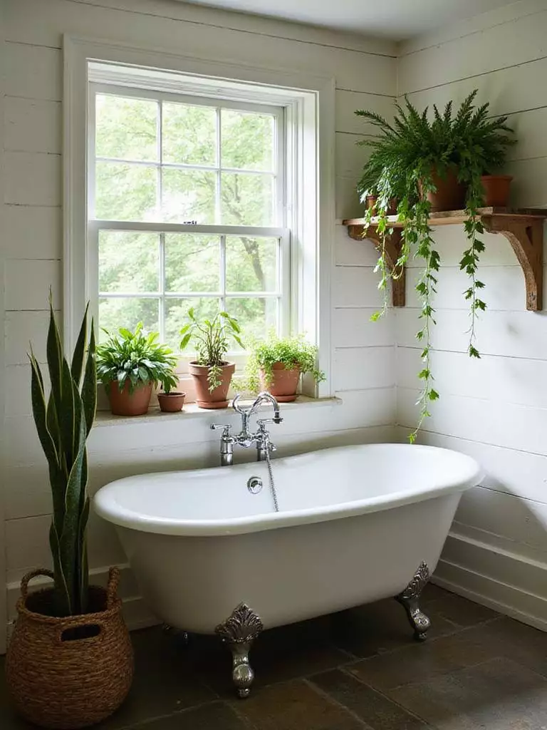Rustic bathroom with greenery accents, including potted plants and trailing vines.