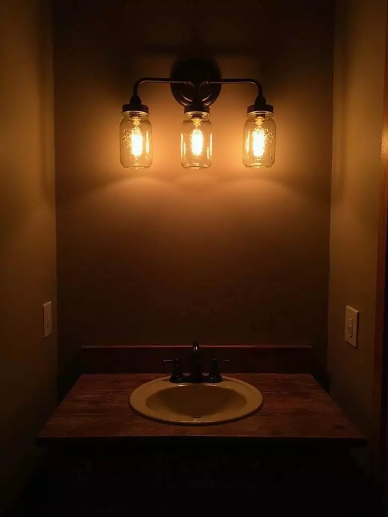 Rustic bathroom vanity illuminated by mason jar lights.