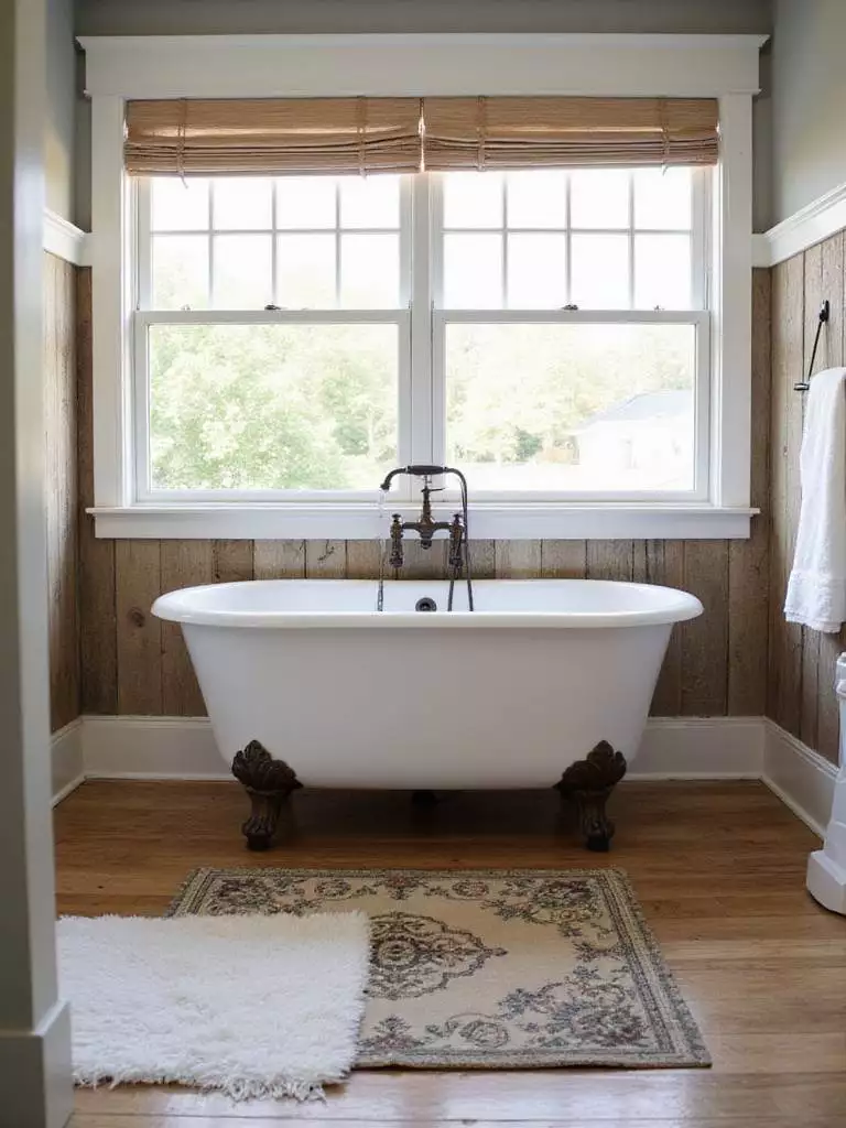 Rustic bathroom featuring a clawfoot tub with reclaimed wood paneling