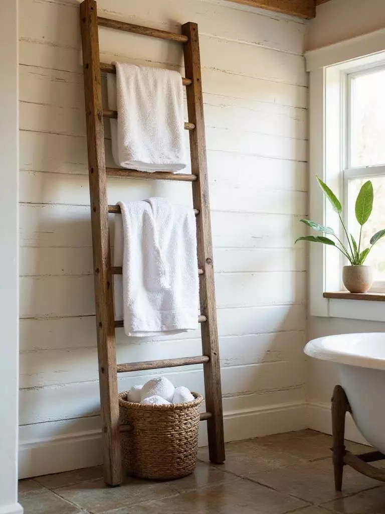 Rustic bathroom with reclaimed wood ladder towel rack holding white towels.