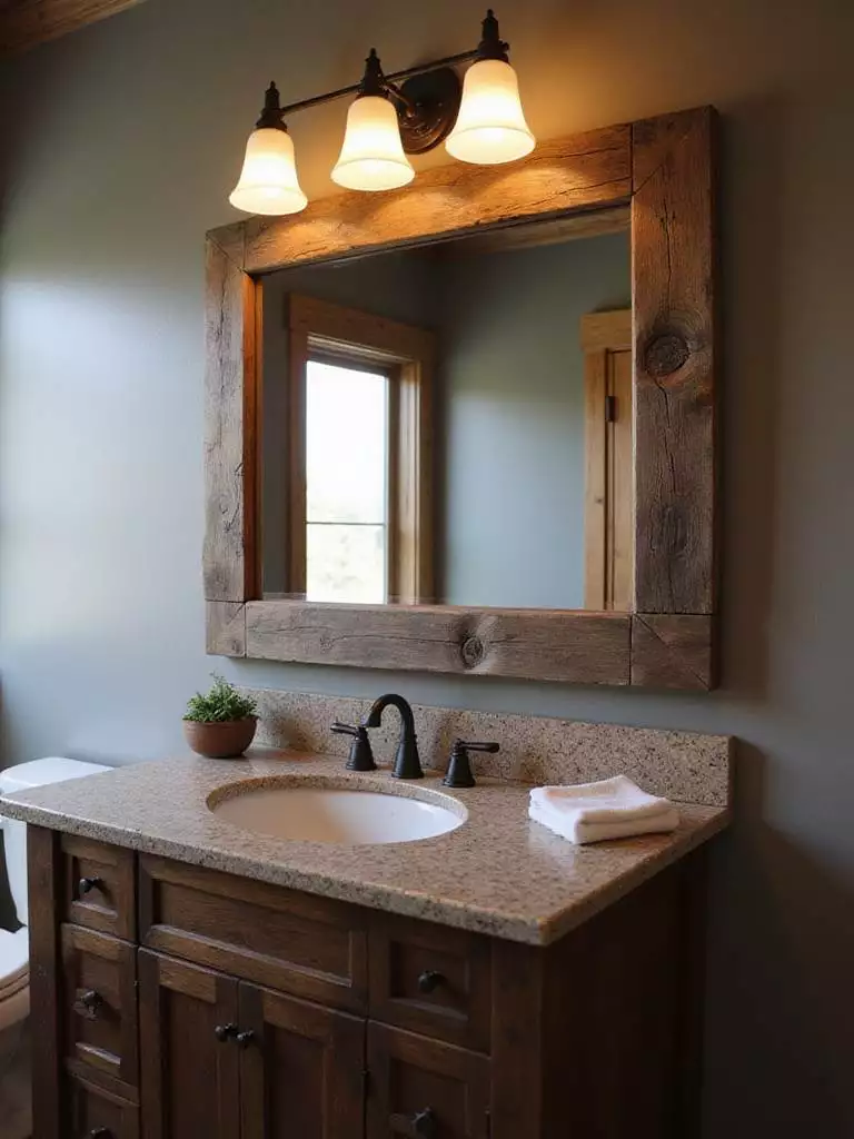 Rustic bathroom with reclaimed wood framed mirror above a dark wood vanity.