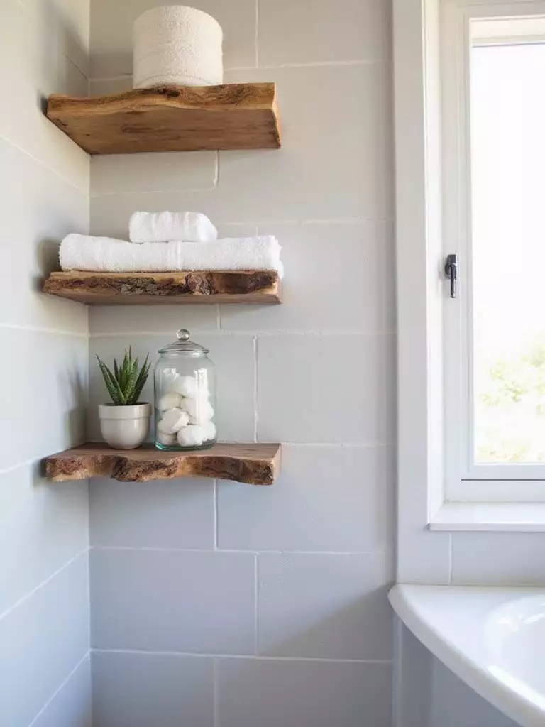 Rustic bathroom featuring live edge wood shelves for storage and display
