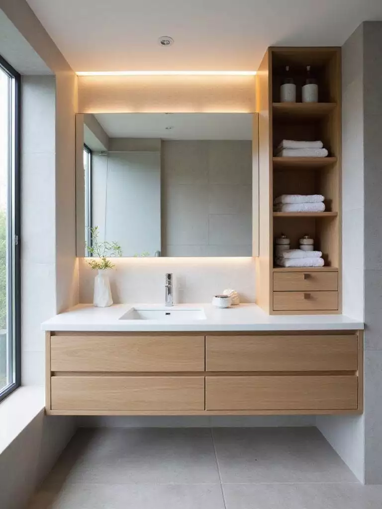 Modern bathroom vanity with white countertop, light wood cabinet, and smart storage solutions.