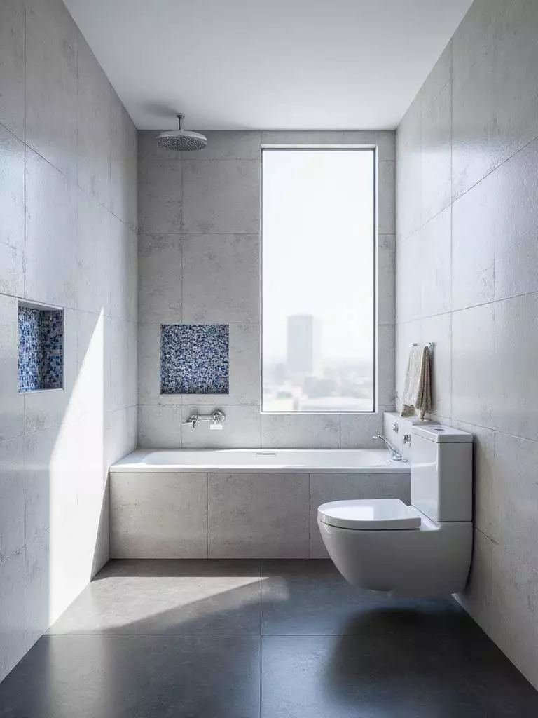 Modern bathroom with textured grey tiles and a mosaic tile shower niche