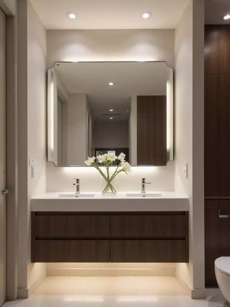 Modern bathroom with asymmetrical LED mirror above floating vanity
