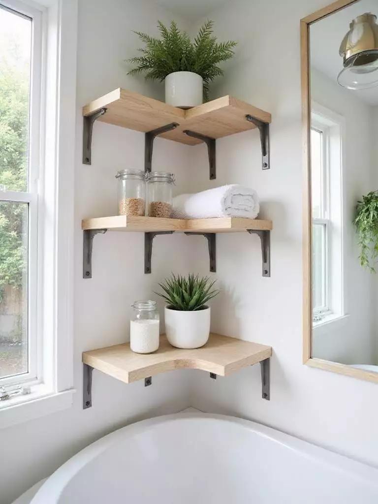 Modern bathroom with stylish open shelving for storage and display