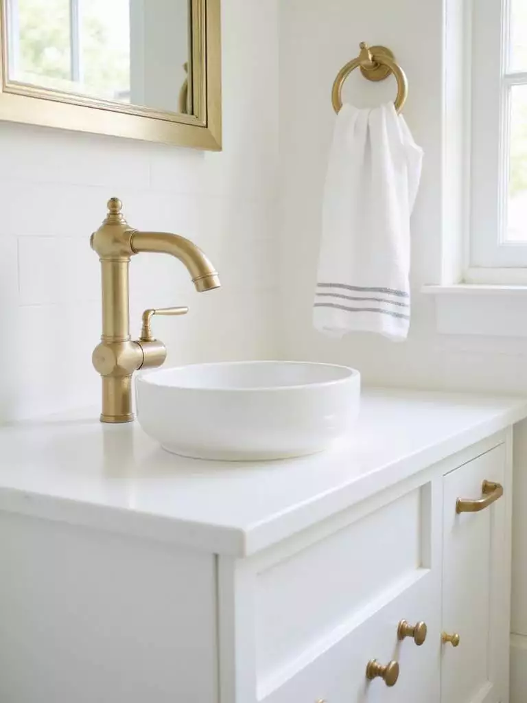 Modern bathroom vanity with brushed brass faucet and cabinet pulls.