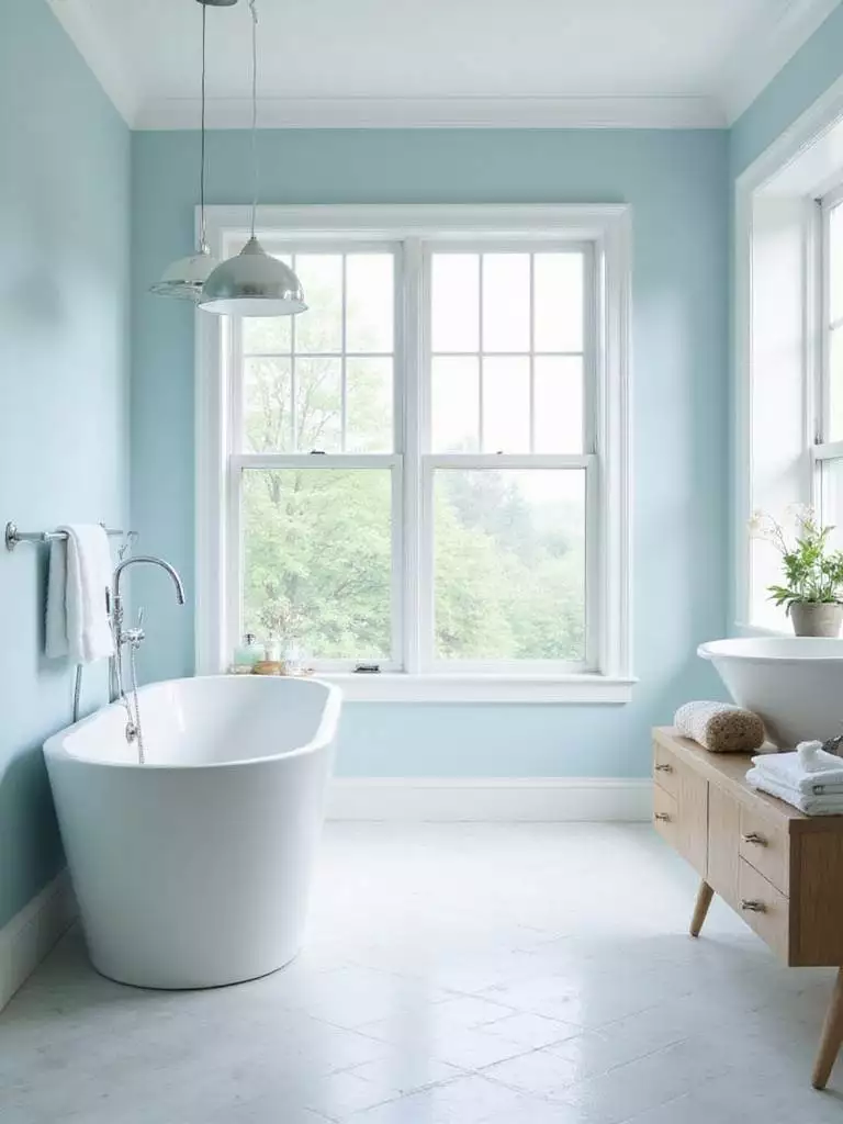 Calming bathroom with soft blue walls and natural light