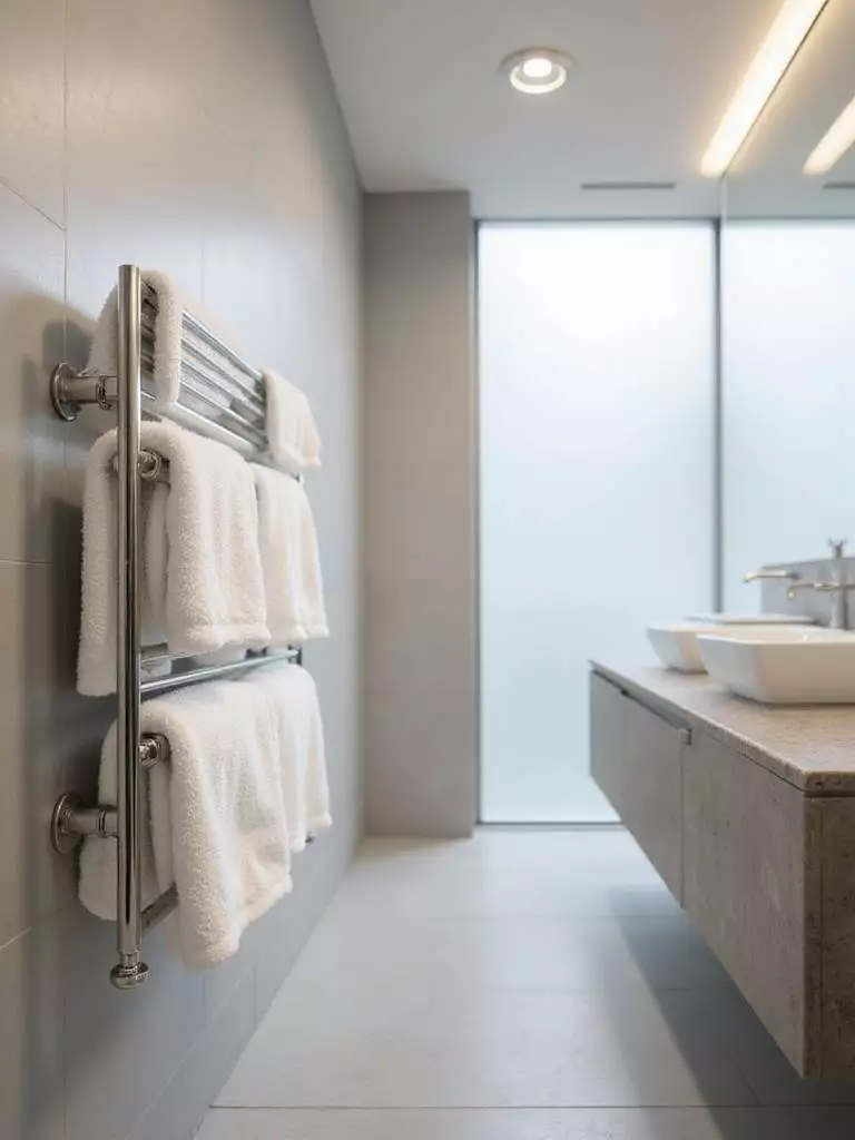 Luxurious modern bathroom with a wall-mounted chrome towel warmer and fluffy white towels.