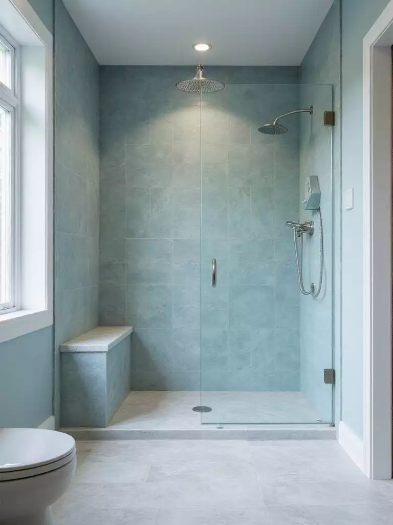 Modern walk-in shower with glass panel and rainfall showerhead.