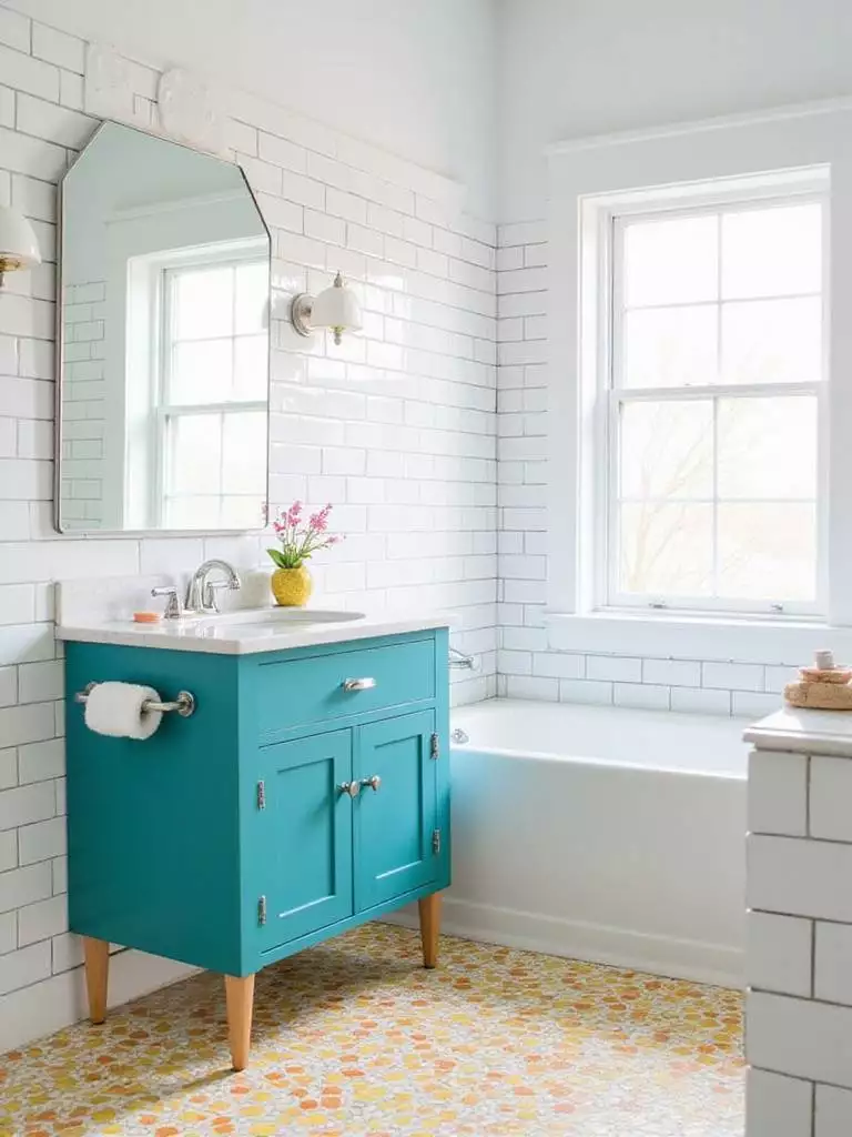Modern bathroom with teal vanity and colorful patterned tile floor.