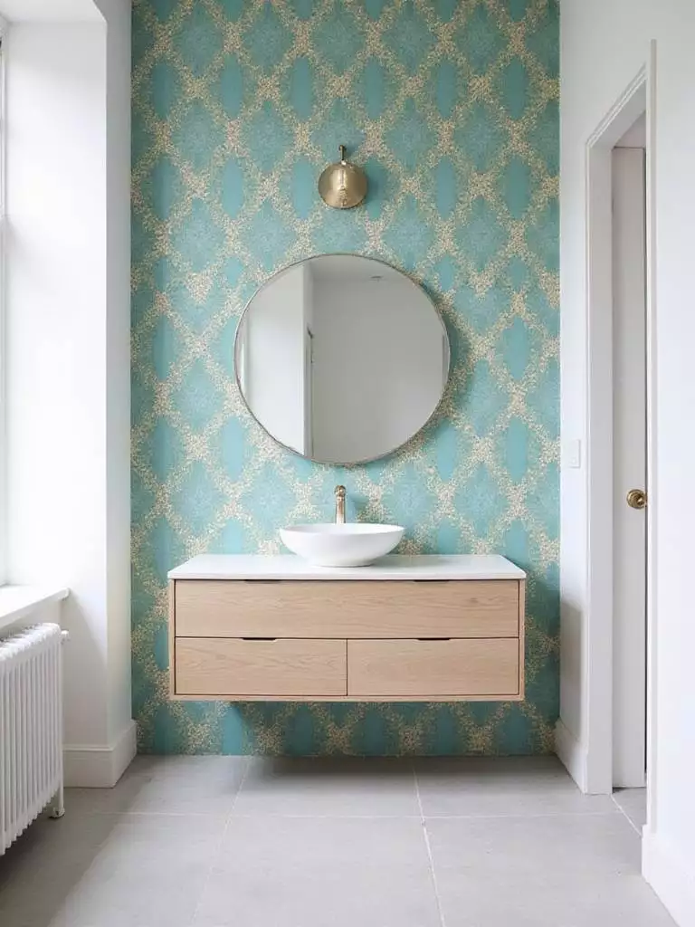 Modern bathroom with a teal, gold, and white geometric wallpaper statement wall.