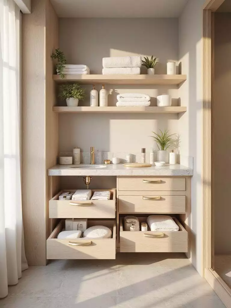Chic and organized bathroom storage solutions, including floating shelves and a vanity with integrated storage, creating a clutter-free and serene bathroom environment.