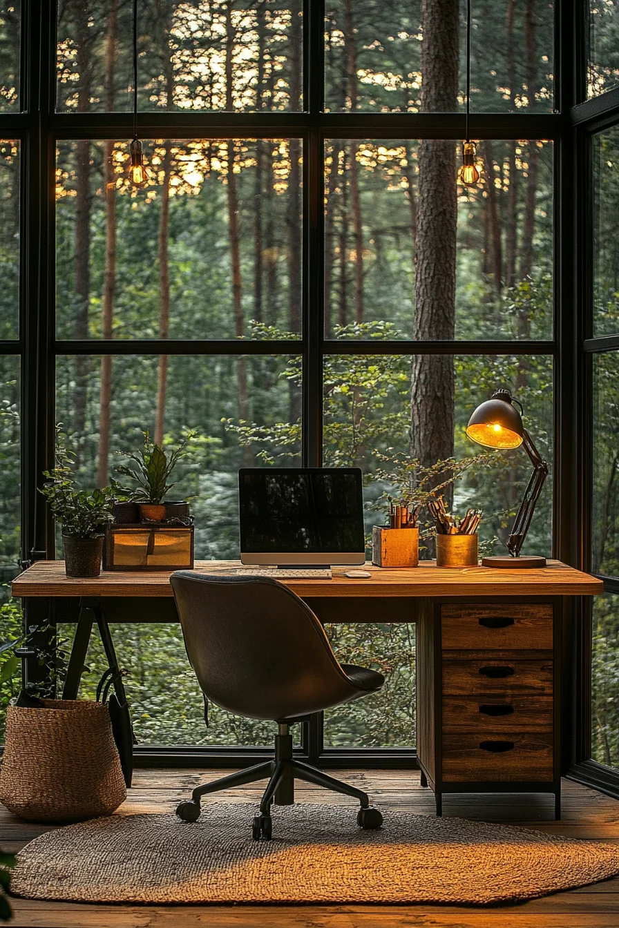 Rustic study nook with forest view