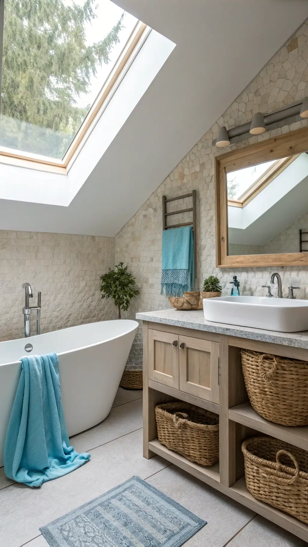 airy bathroom with white soaking tub, pebbled accent wall, driftwood-framed mirror, bleached oak floating vanity, sea glass accessories, woven baskets, blue Turkish cotton towels, skylight lighting