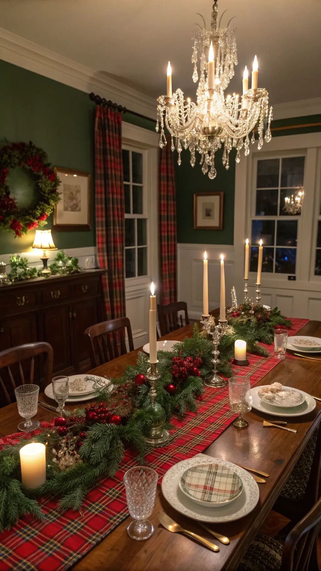 Elegant traditional dining room decorated for Christmas with garlands and vintage accents