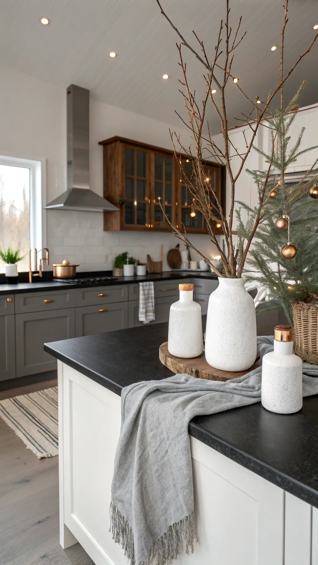 Modern kitchen with Nordic Christmas decor featuring metallic and natural textures