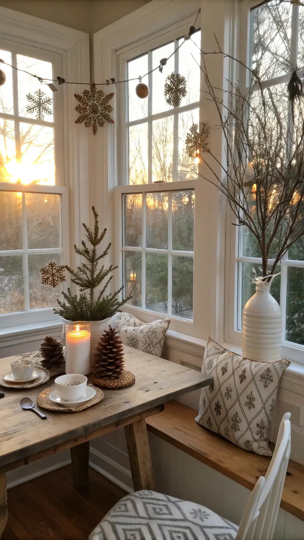 Cozy breakfast nook with DIY Christmas decorations and natural light