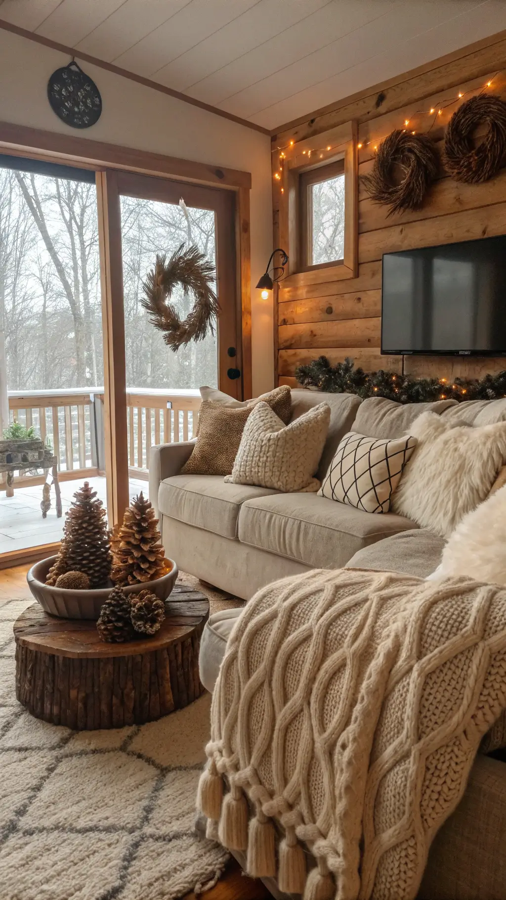 Rustic family room with cozy throws, pinecone wreaths, and handmade ornaments