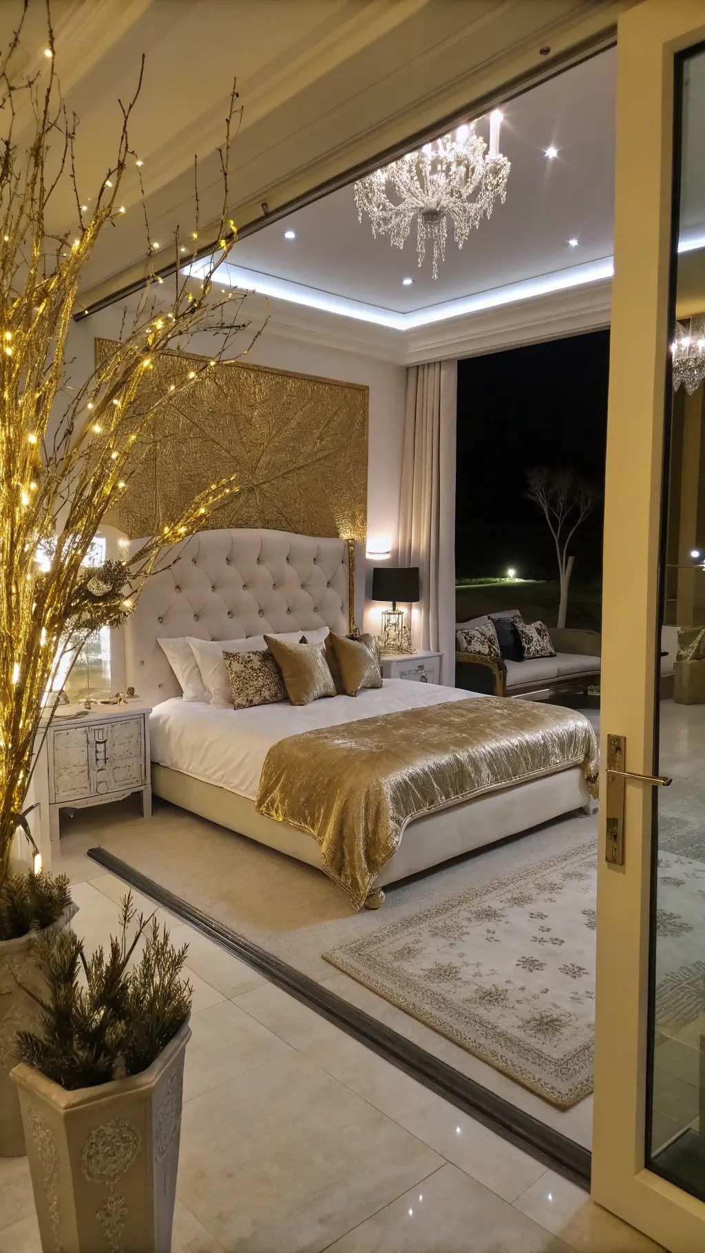 Luxurious bedroom with white and gold Christmas decor and LED-lit branches