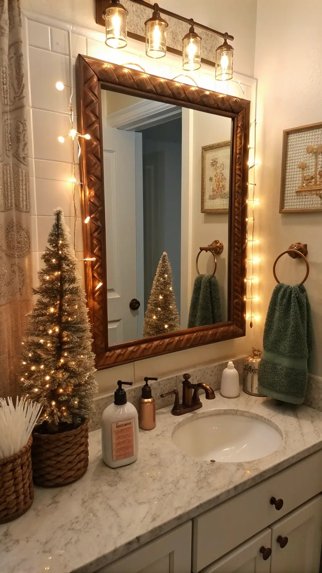 Vintage powder room decorated with holiday lights and bottle brush trees