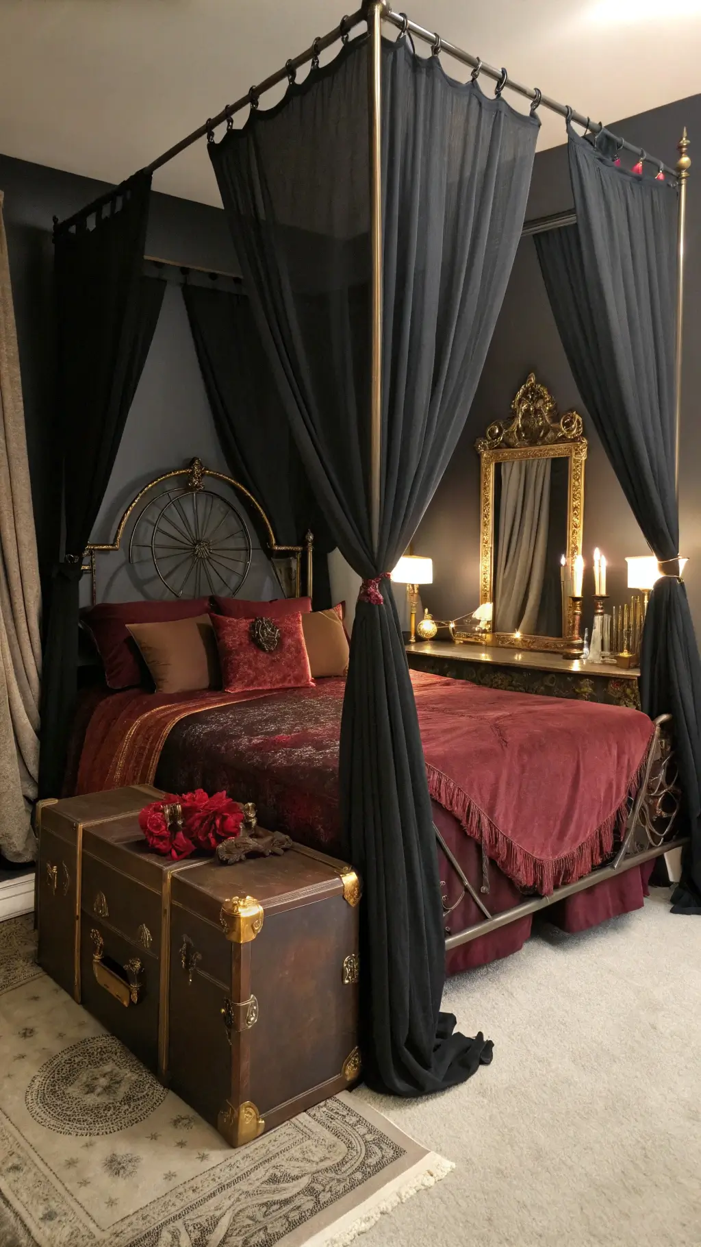 Pre-dawn bedroom with grand canopy bed draped in sheer black fabric, antique brass frame, copper and burgundy bedding, vintage trunk with dried roses, gothic mirror reflecting morning light.